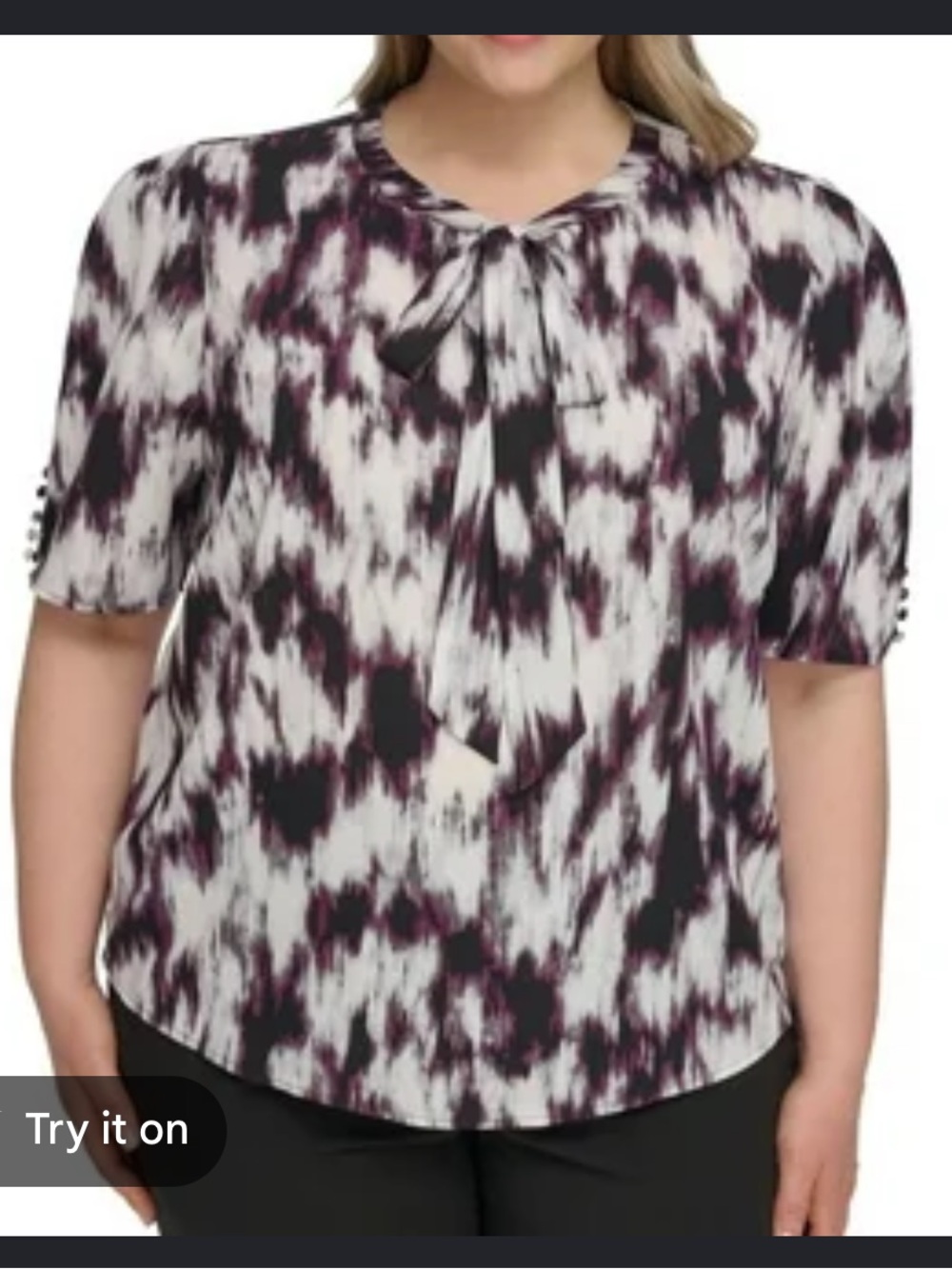 NWT Calvin Klein Sz Petite XS Women’s Button Sleeve Tie-neck Blouse Top Ret $69